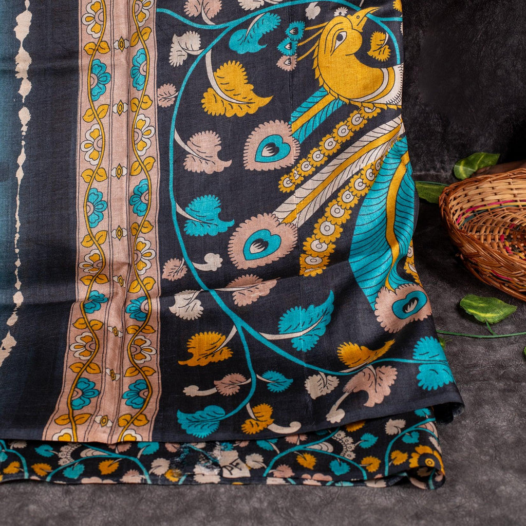 Pure Handloom Tussar Silk Saree with Vibrant Sequence Prints & Kalamkari Pallu - Kleem Boutique