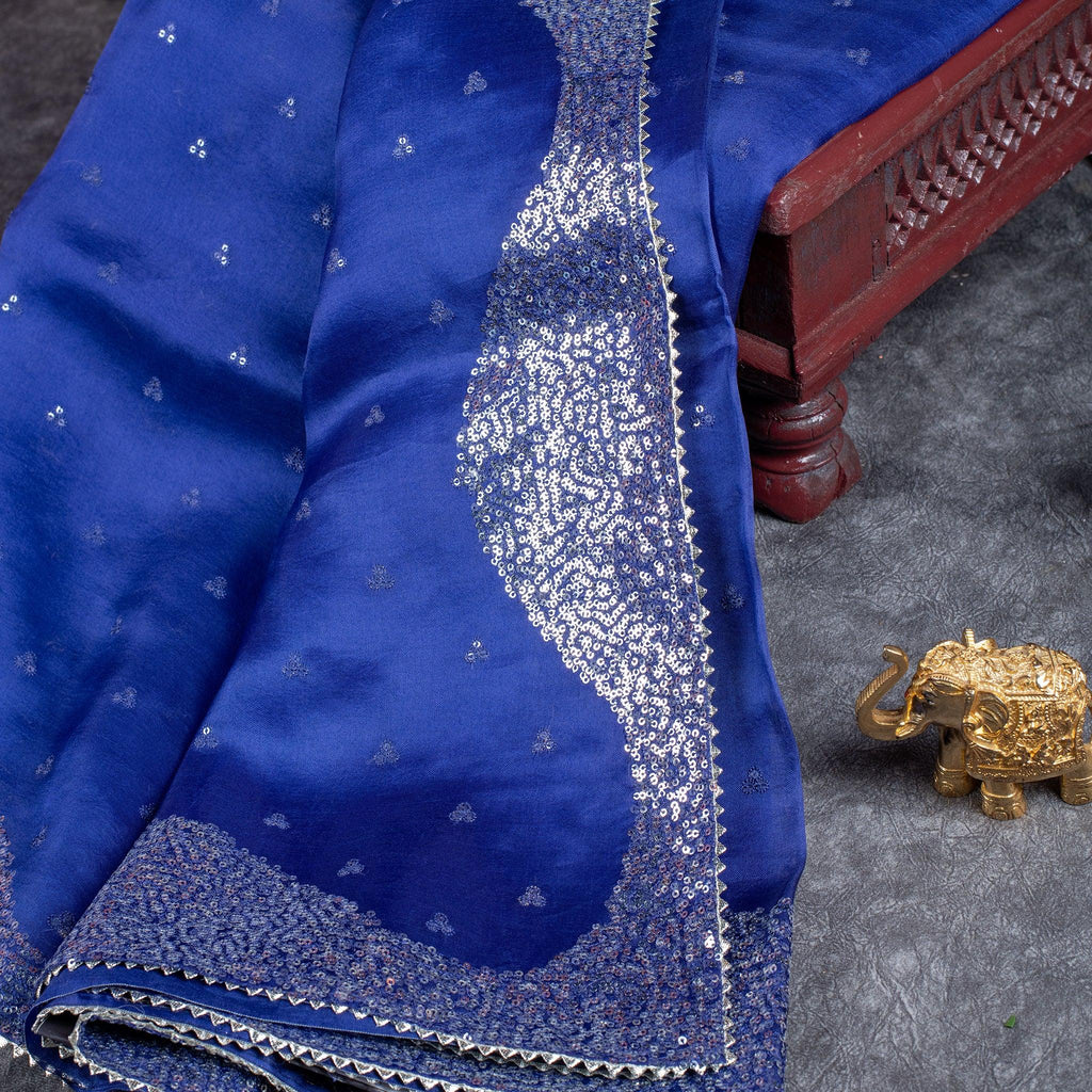 Handloom Kora Saree with Sequin Work – Deep Navy Blue