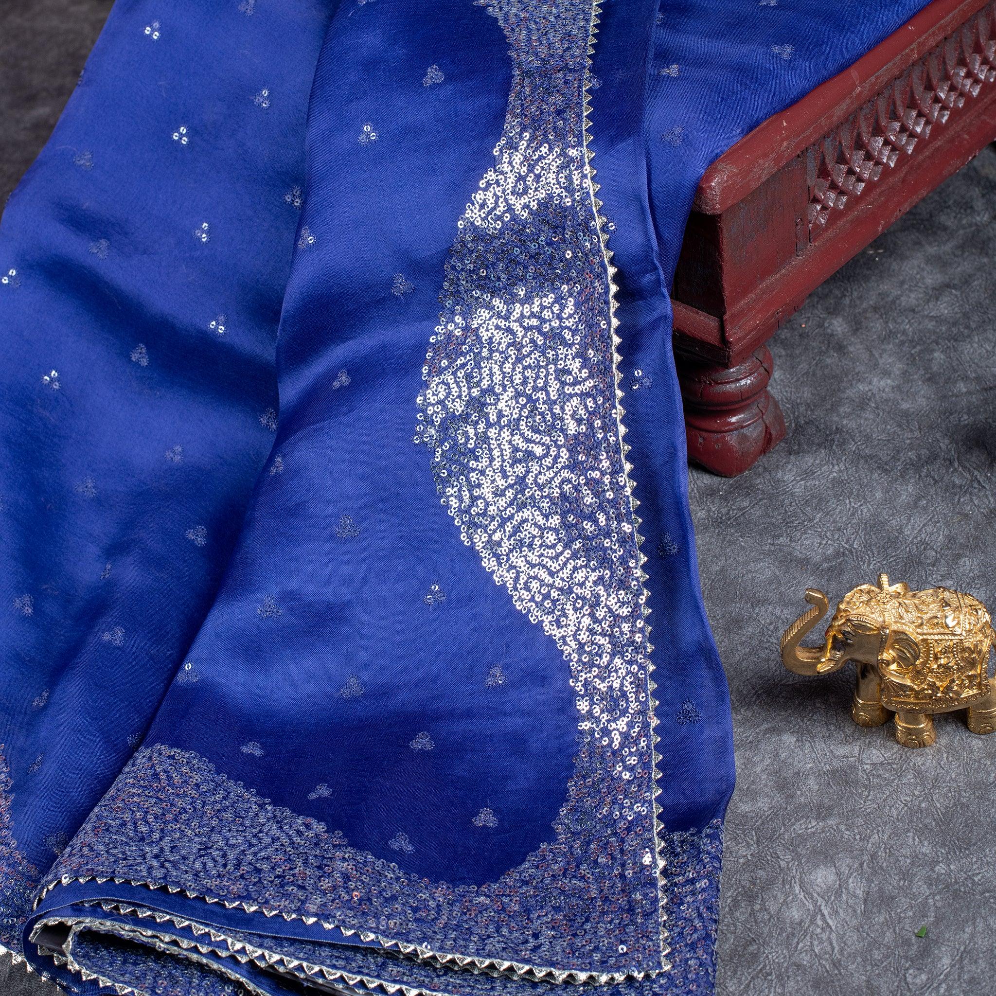 Handloom Kora Saree with Sequin Work – Deep Navy Blue