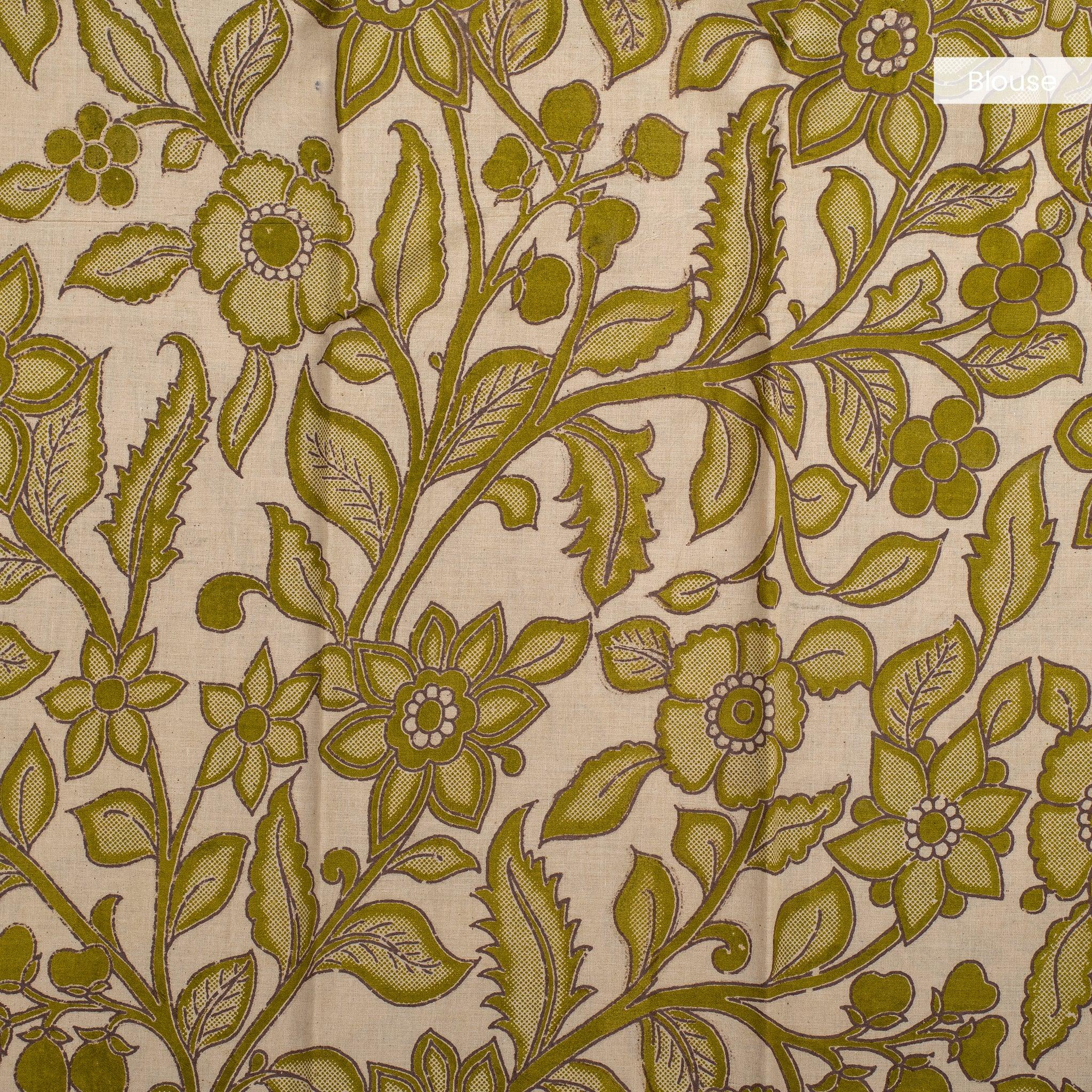 Pure Handloom MG Cotton Saree with Kalamkari Patch Work- Olive Green - Kleem Boutique