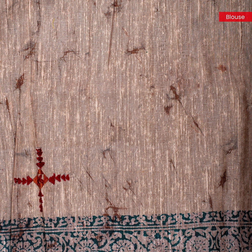 Semi Tussar Silk Saree – Dabu Print with Kantha Work Pallu - Kleem Boutique