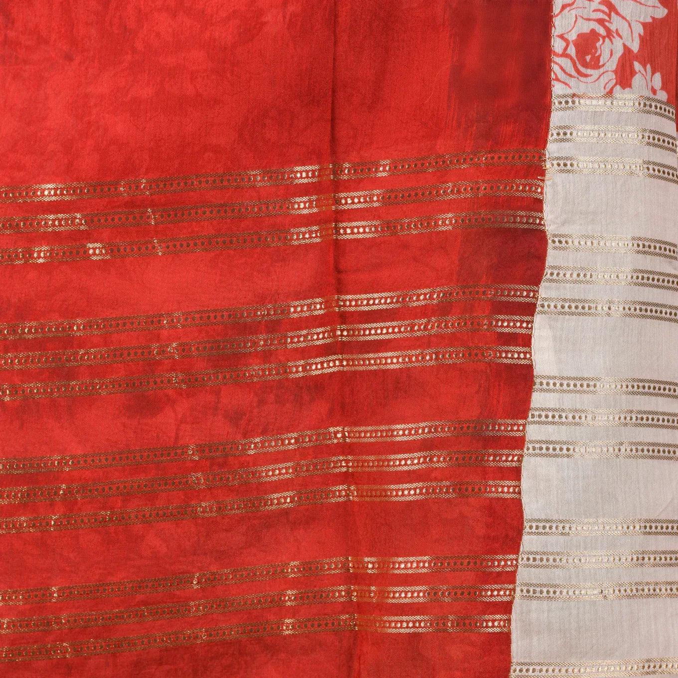 Chandheri Silk Off-White & Red Saree with Floral and Stripe Design - Kleem Boutique