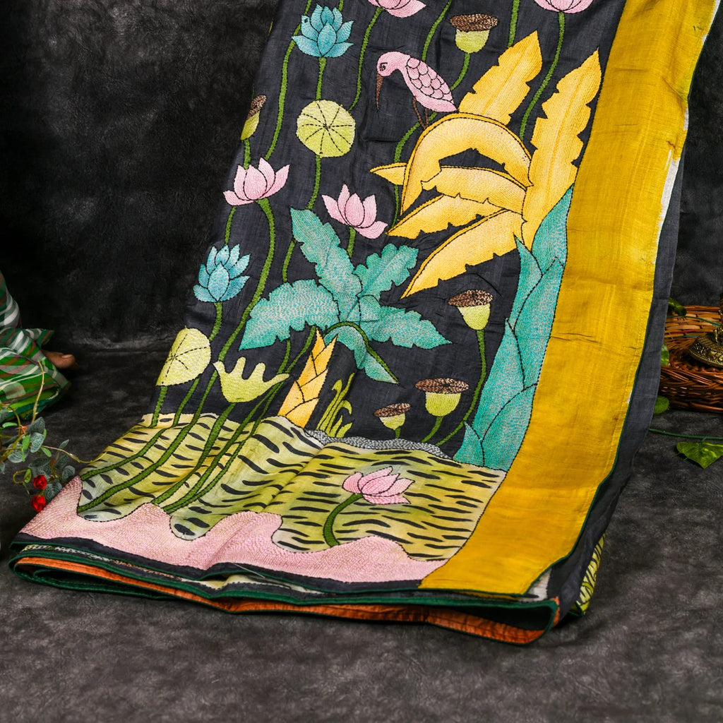 Pure Handloom Tussar Silk Elephant Grey Saree with Kantha Work Embroidery - Kleem Boutique