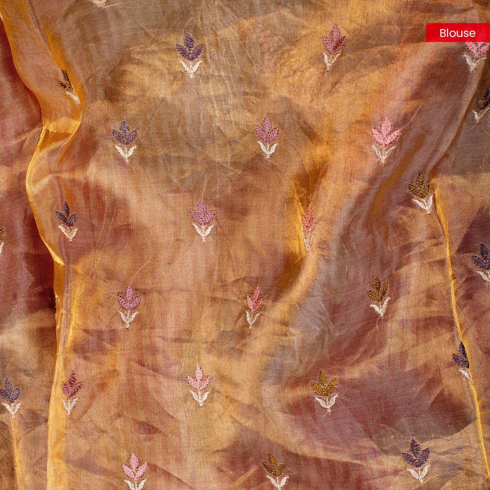 Tissue Organza Saree – Vertical Stripes with Aari &amp; Floral Cutwork Border - Kleem Boutique