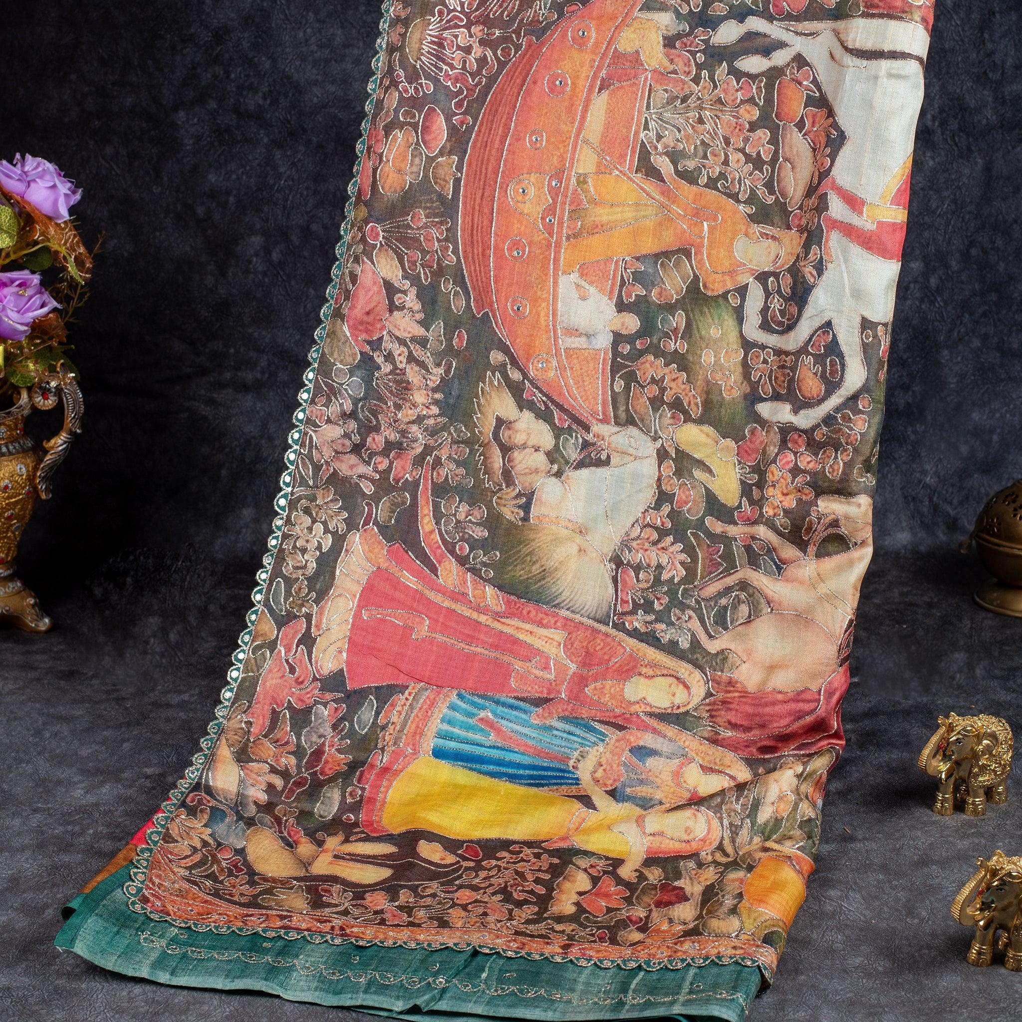 Pure Handloom Tussar Silk Saree with Abstract Digital Pallu & Contrast Green Blouse – Multicolour - Kleem Boutique