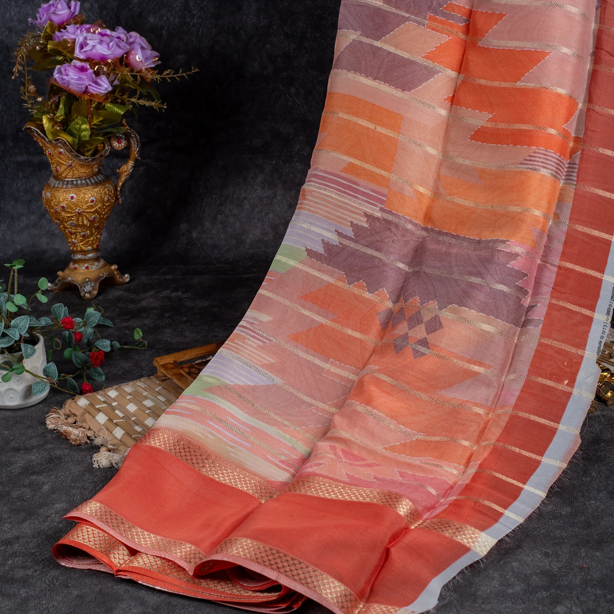 Shrinagar Silk Saree – Chinnon Crepe Fabric - Light Orange with Dark Orange - Kleem Boutique
