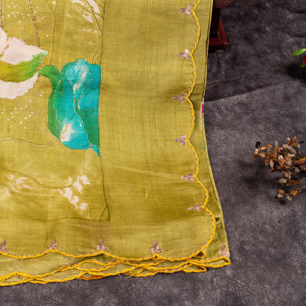 Pure Handloom Tussar Silk Olive Green Saree with Floral Digital Print & Aari Work - Kleem Boutique