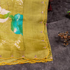 Pure Handloom Tussar Silk Olive Green Saree with Floral Digital Print & Aari Work - Kleem Boutique
