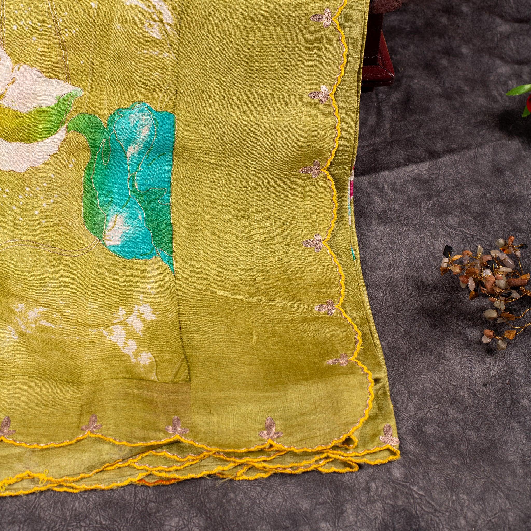 Pure Handloom Tussar Silk Olive Green Saree with Floral Digital Print & Aari Work - Kleem Boutique