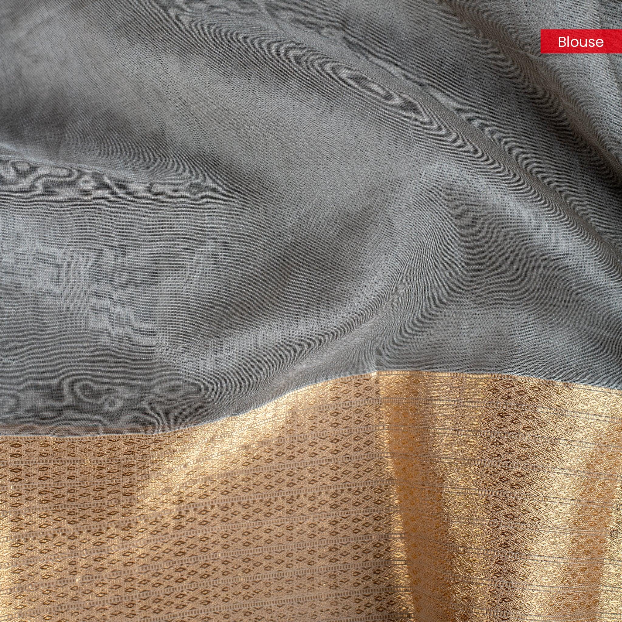 Pure Handloom Kora Saree with Parsi Embroidery & Zari Border – Grey - Kleem Boutique