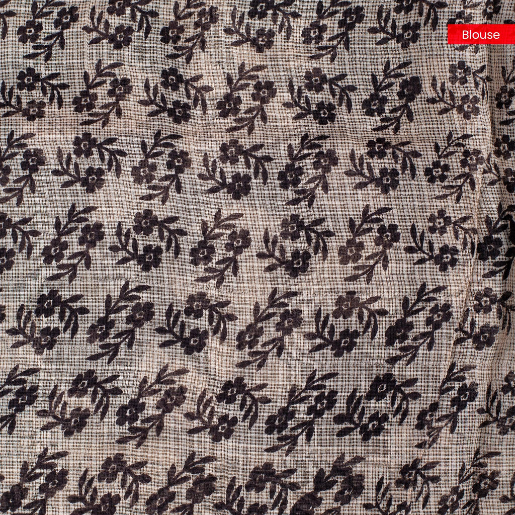 Pure Handloom Silk Kota Saree with Floral Digital Print - Elephant Grey & Off-White - Kleem Boutique