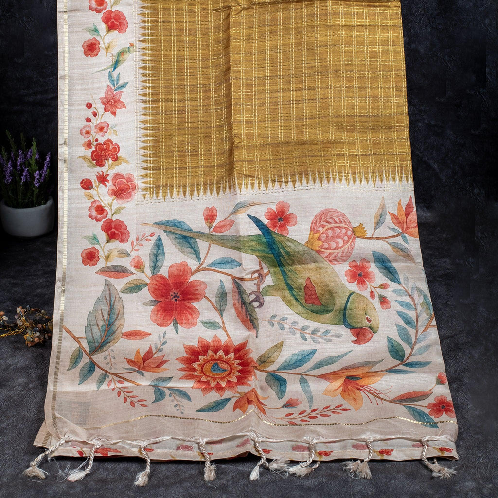 Semi Tussar Silk Saree – Zari Checks with Off-White Floral Pallu - Kleem Boutique