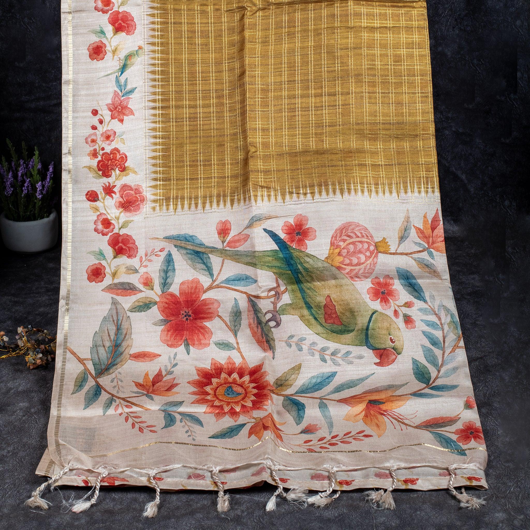 Semi Tussar Silk Saree – Zari Checks with Off-White Floral Pallu - Kleem Boutique