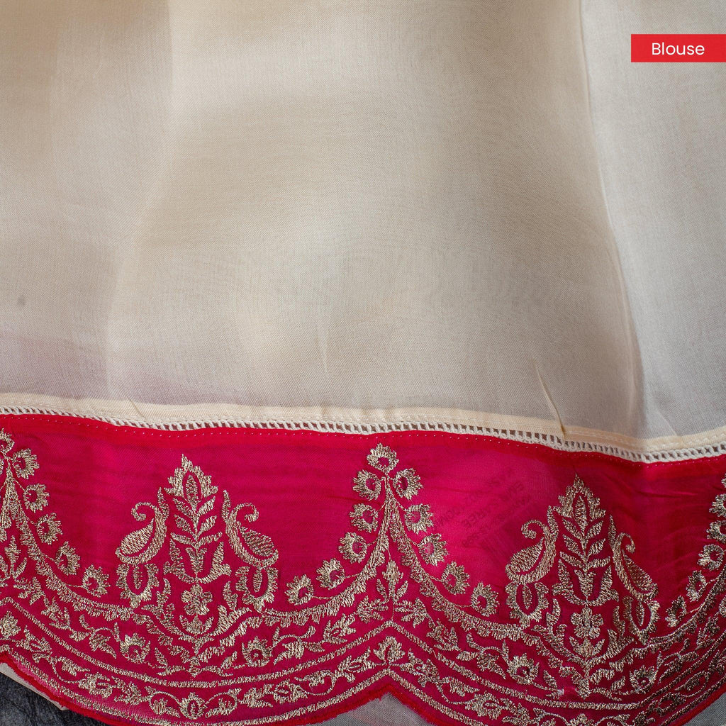 Pure Handloom Tissue Organza Saree with Sequin Appliqué Work - Off-White with Pink Border - Kleem Boutique