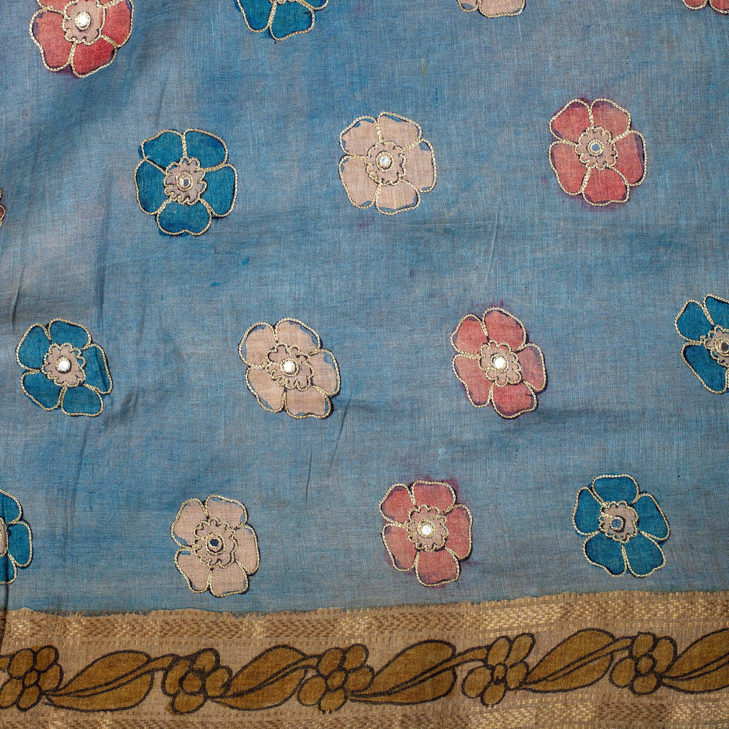 Pure Handloom Khadi Linen Tussar Saree with Hand-Painted Kalamkari & Aari Work – Deep Maroon - Kleem Boutique