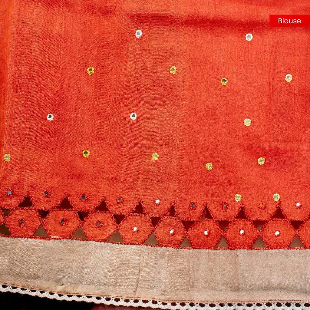 Pure Handloom Tussar Silk Off-White & Orange Saree with Floral Print & Mirror Cutwork - Kleem Boutique