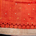 Pure Handloom Tussar Silk Off-White & Orange Saree with Floral Print & Mirror Cutwork - Kleem Boutique