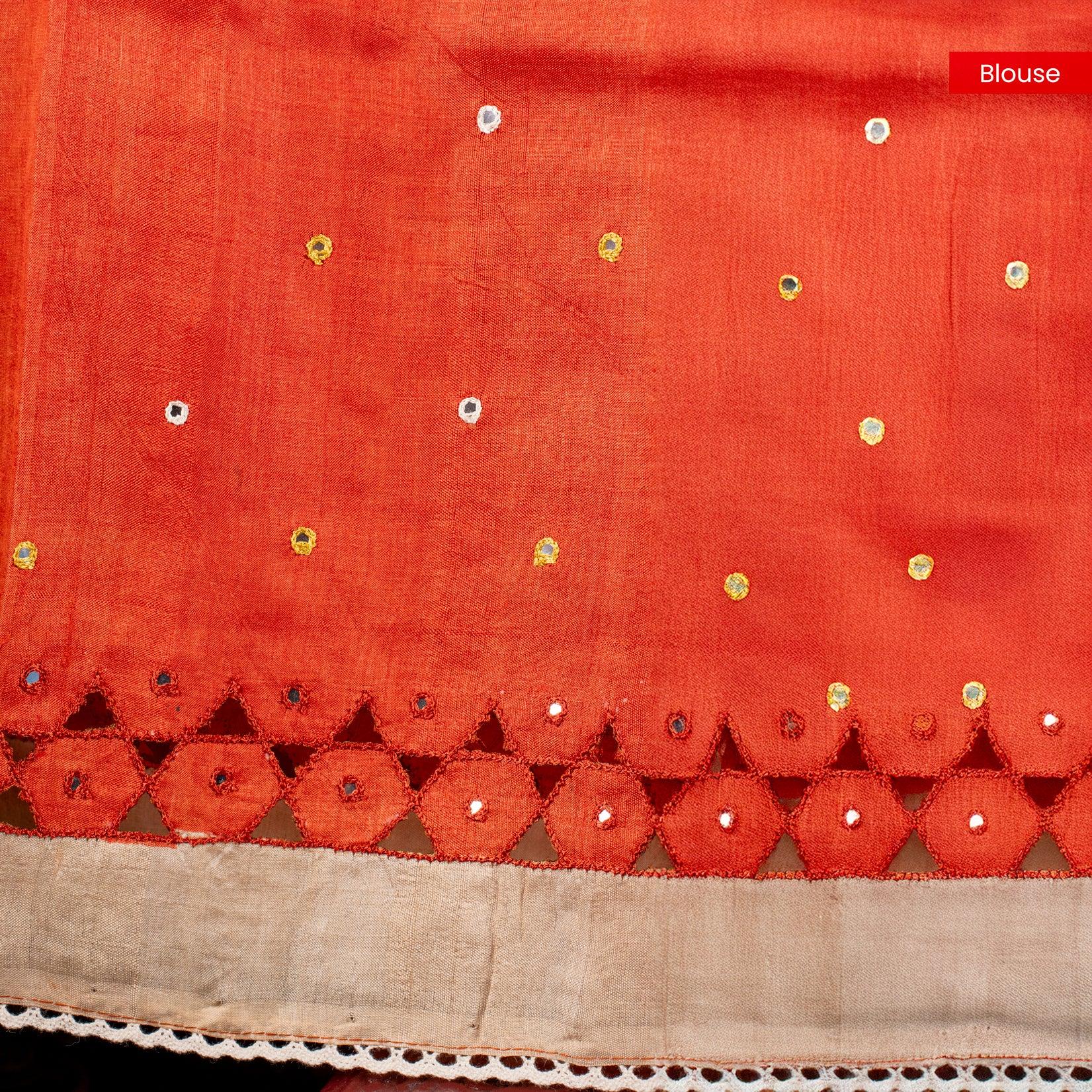 Pure Handloom Tussar Silk Off-White & Orange Saree with Floral Print & Mirror Cutwork - Kleem Boutique