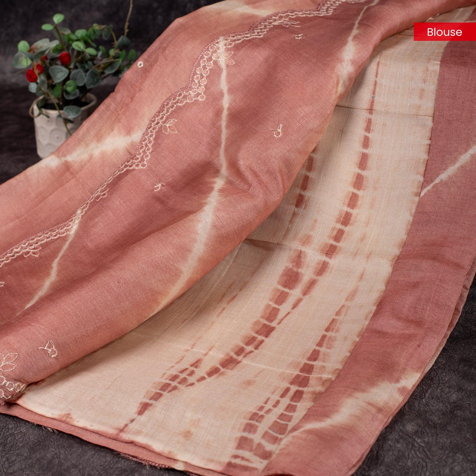 Pure Handloom Tussar Silk Mauve & Off-White Saree with Leheriya Design & Mirror Work - Kleem Boutique