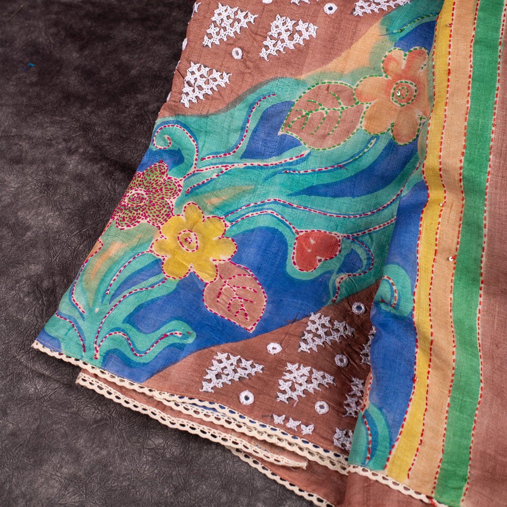 Pure Handloom Tussar Silk Multicolour Saree with Floral Digital Print, Kantha & Kutch Work - Kleem Boutique