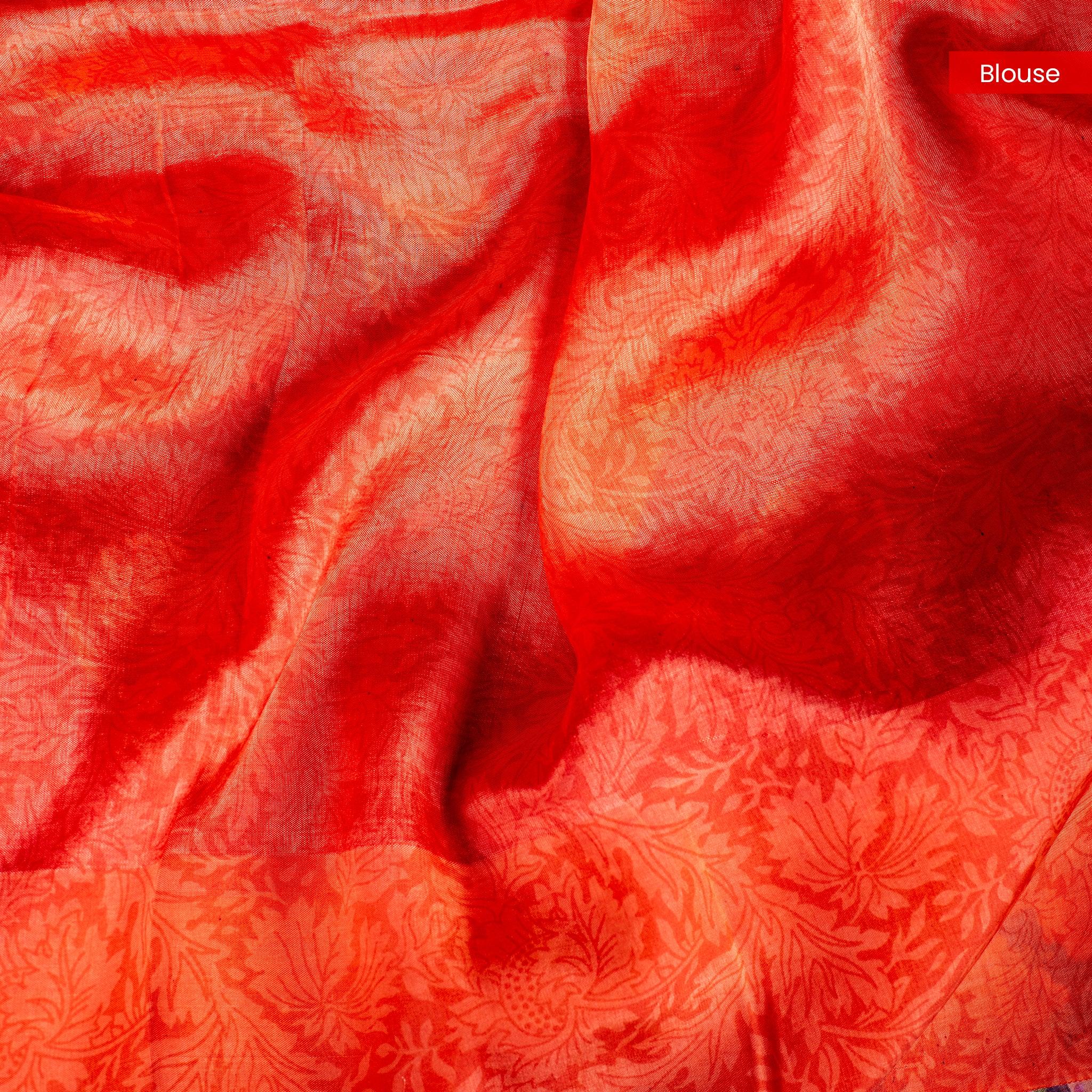 Raw Mango Saree – Pink with Orange Digital Print & Buttis - Kleem Boutique