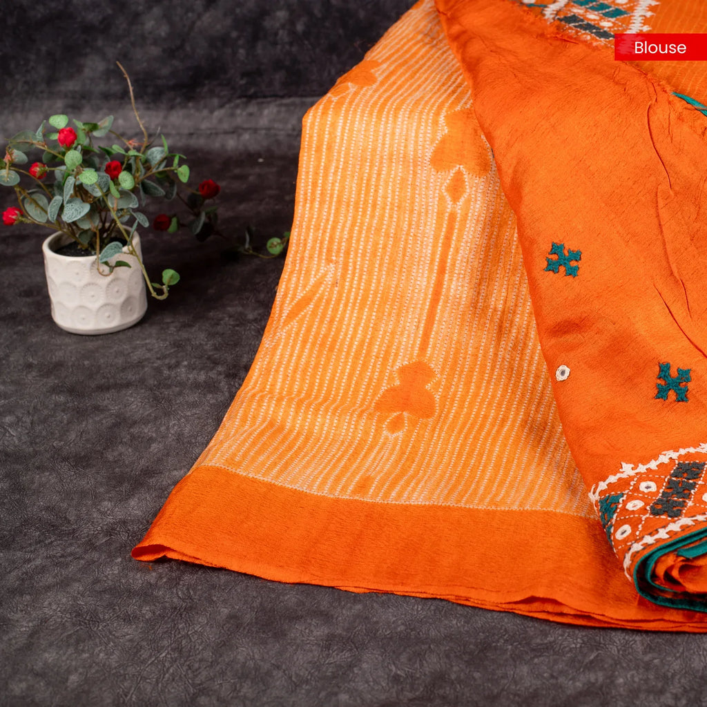 Pure Handloom Tussar Silk Orange Saree with Digital Print &amp; Kutch Work - Kleem Boutique