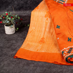 Pure Handloom Tussar Silk Orange Saree with Digital Print &amp; Kutch Work - Kleem Boutique