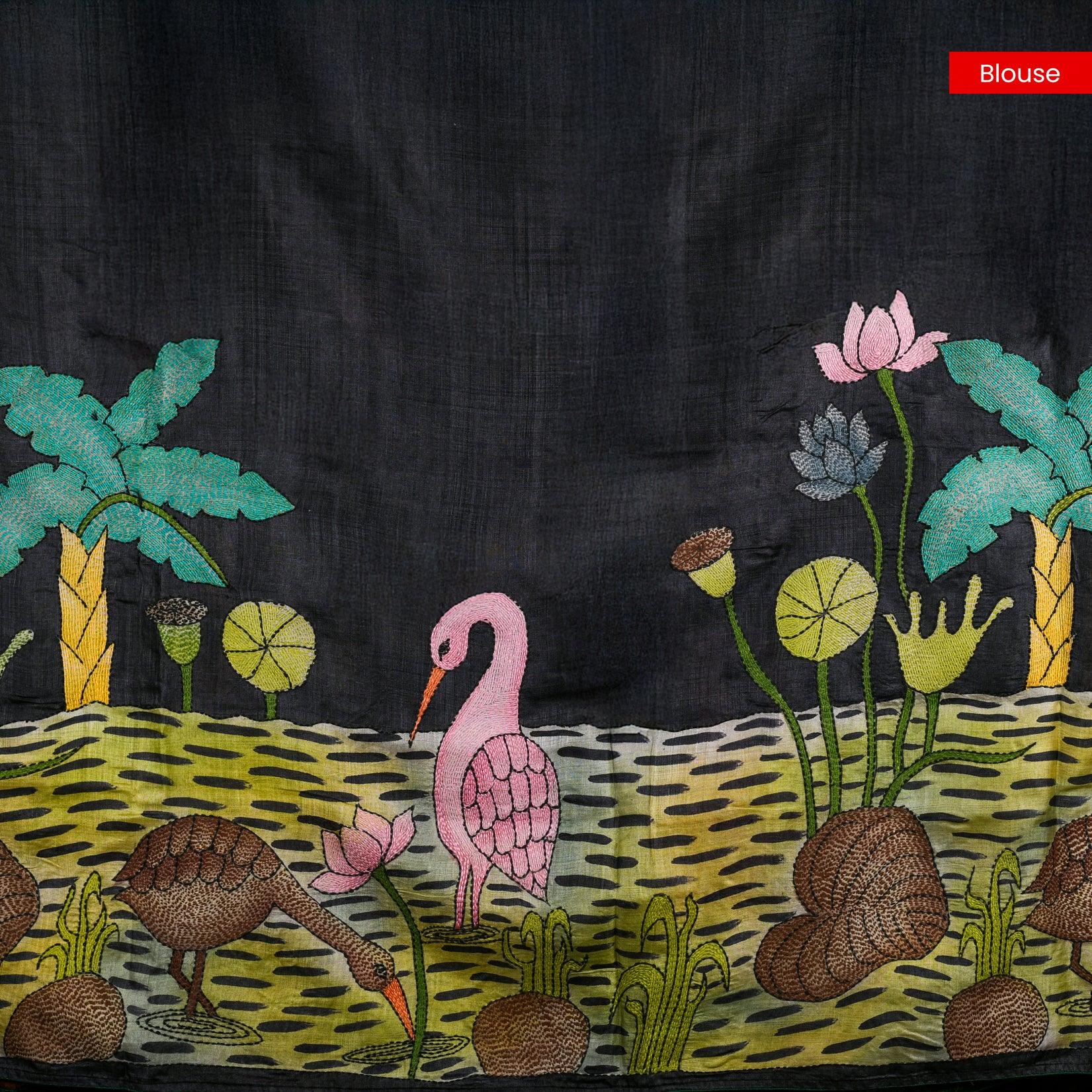 Pure Handloom Tussar Silk Elephant Grey Saree with Kantha Work Embroidery - Kleem Boutique