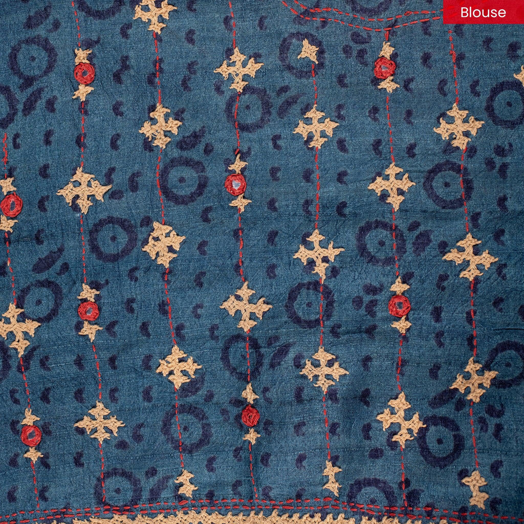 Pure Handloom Tussar Ajrakh Saree with Kutch Embroidery – Indigo Blue - Kleem Boutique