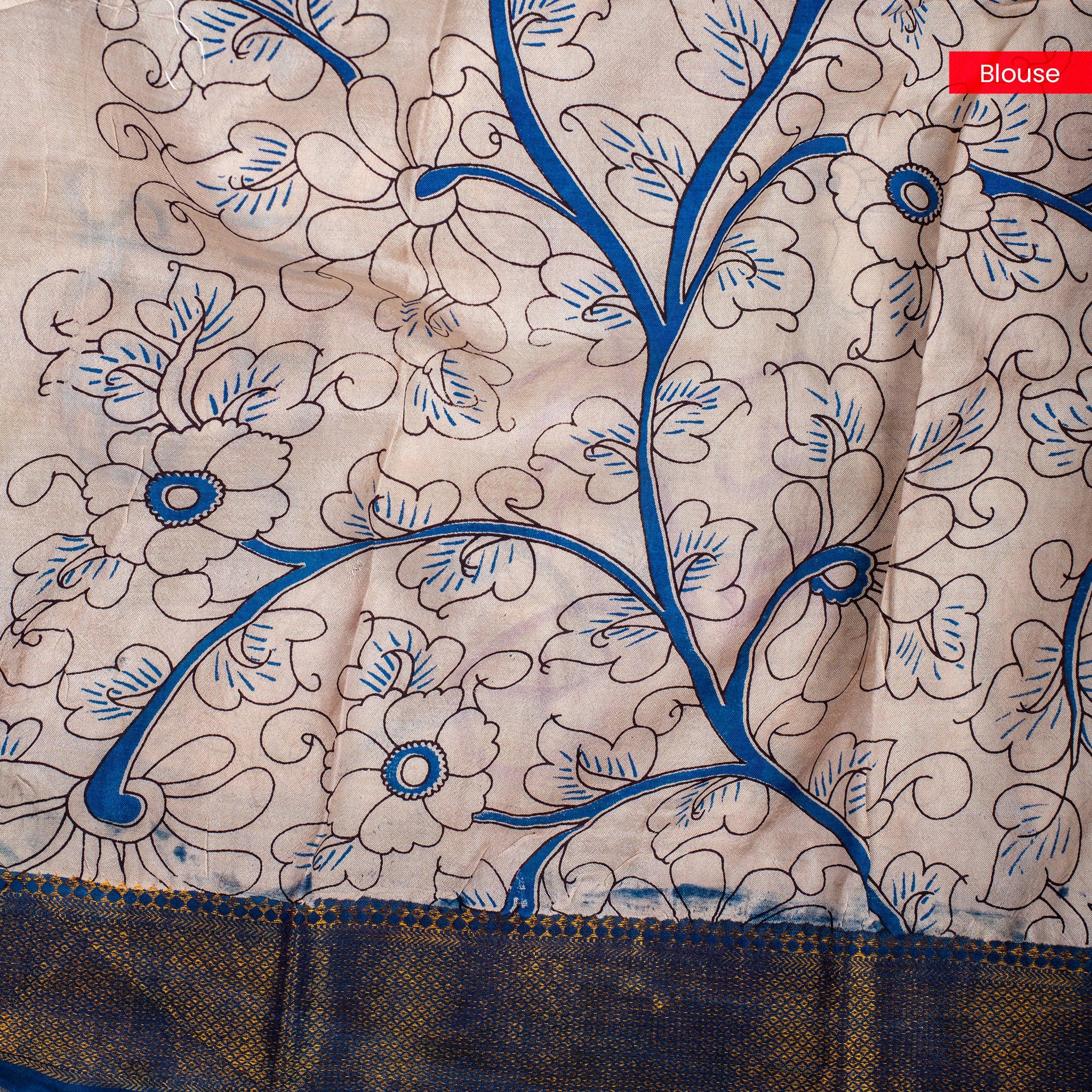 Pure Handloom Nizam Border Silk Saree with Kalamkari Print - Red & Blue - Kleem Boutique