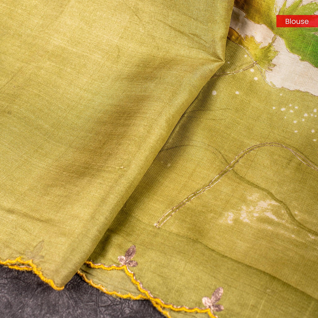 Pure Handloom Tussar Silk Olive Green Saree with Floral Digital Print & Aari Work - Kleem Boutique
