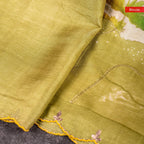 Pure Handloom Tussar Silk Olive Green Saree with Floral Digital Print & Aari Work - Kleem Boutique