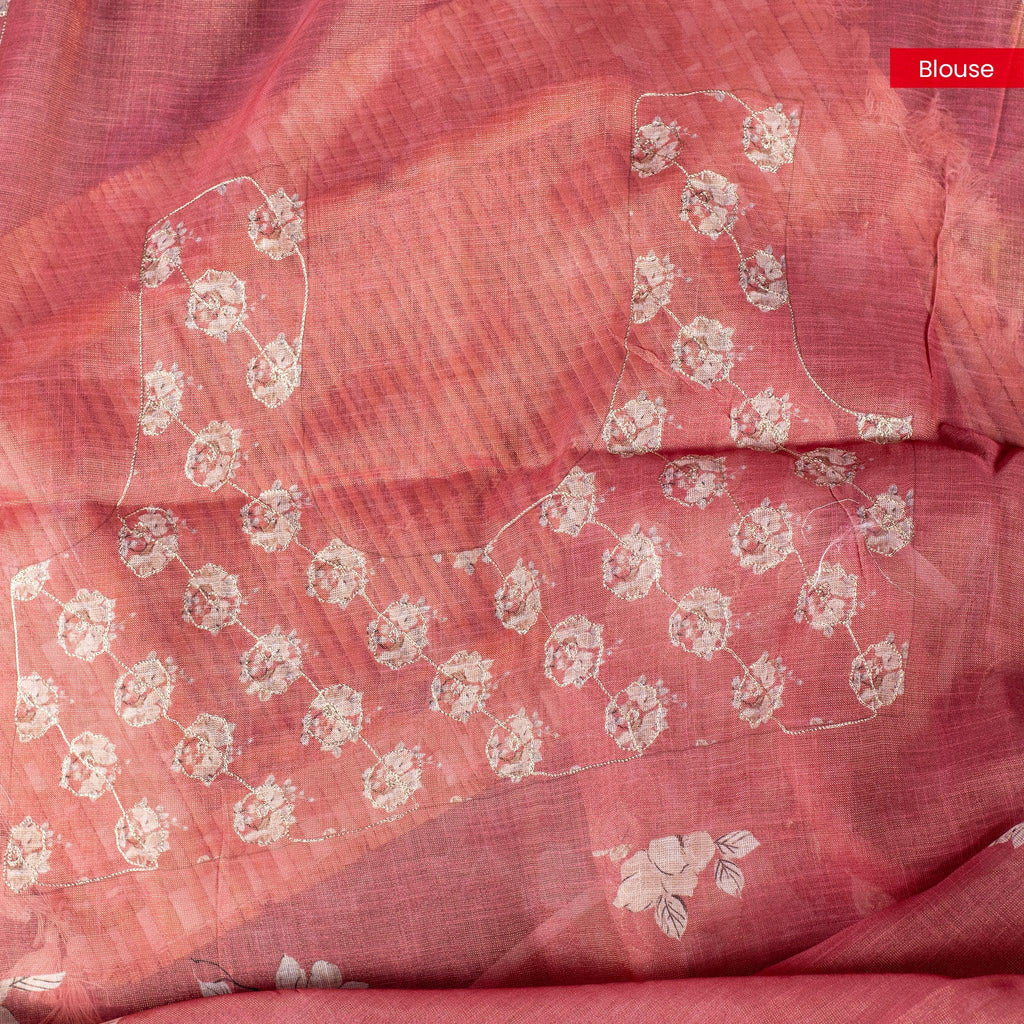 Linen Tissue Silk Saree with Floral Embroidery – Rust Colour - Kleem Boutique
