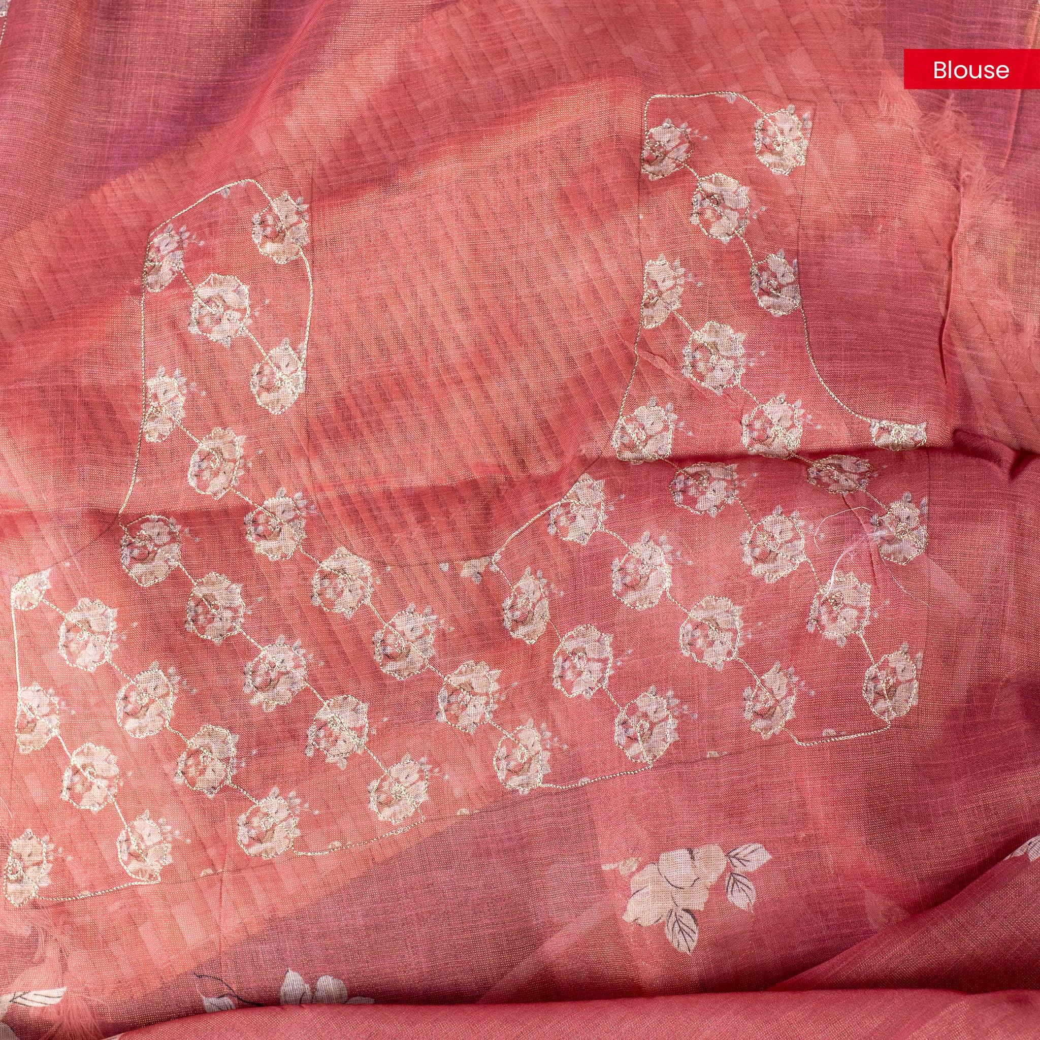 Linen Tissue Silk Saree with Floral Embroidery – Rust Colour - Kleem Boutique
