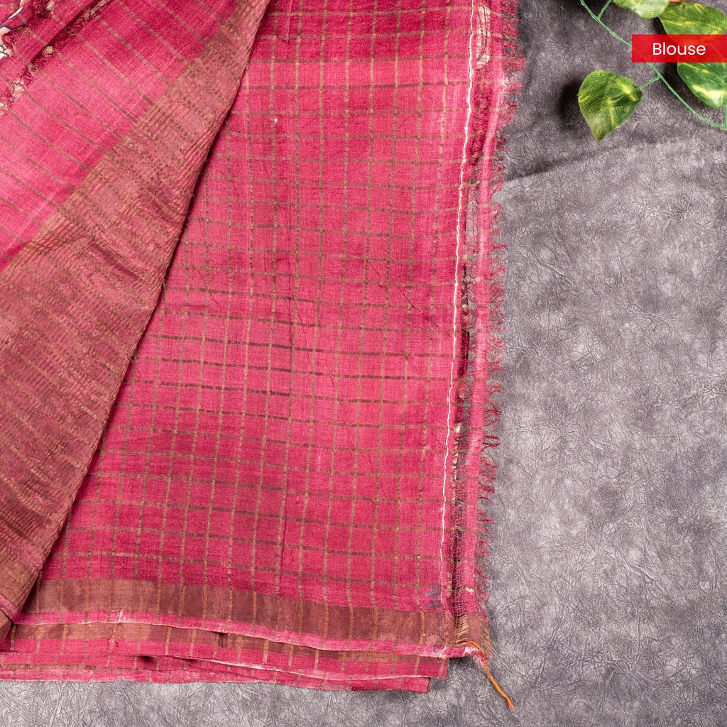 Pure Handloom Tussar Silk Deep Wine Maroon Saree with Floral Digital Print & Zari Checks - Kleem Boutique