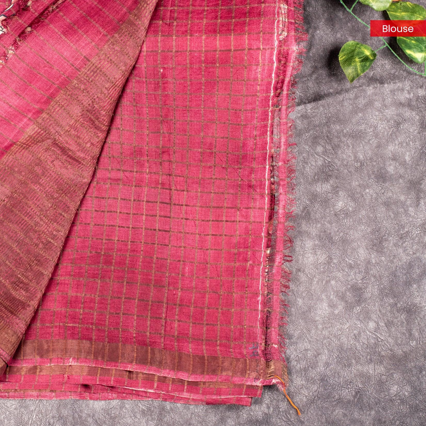 Pure Handloom Tussar Silk Deep Wine Maroon Saree with Floral Digital Print & Zari Checks - Kleem Boutique