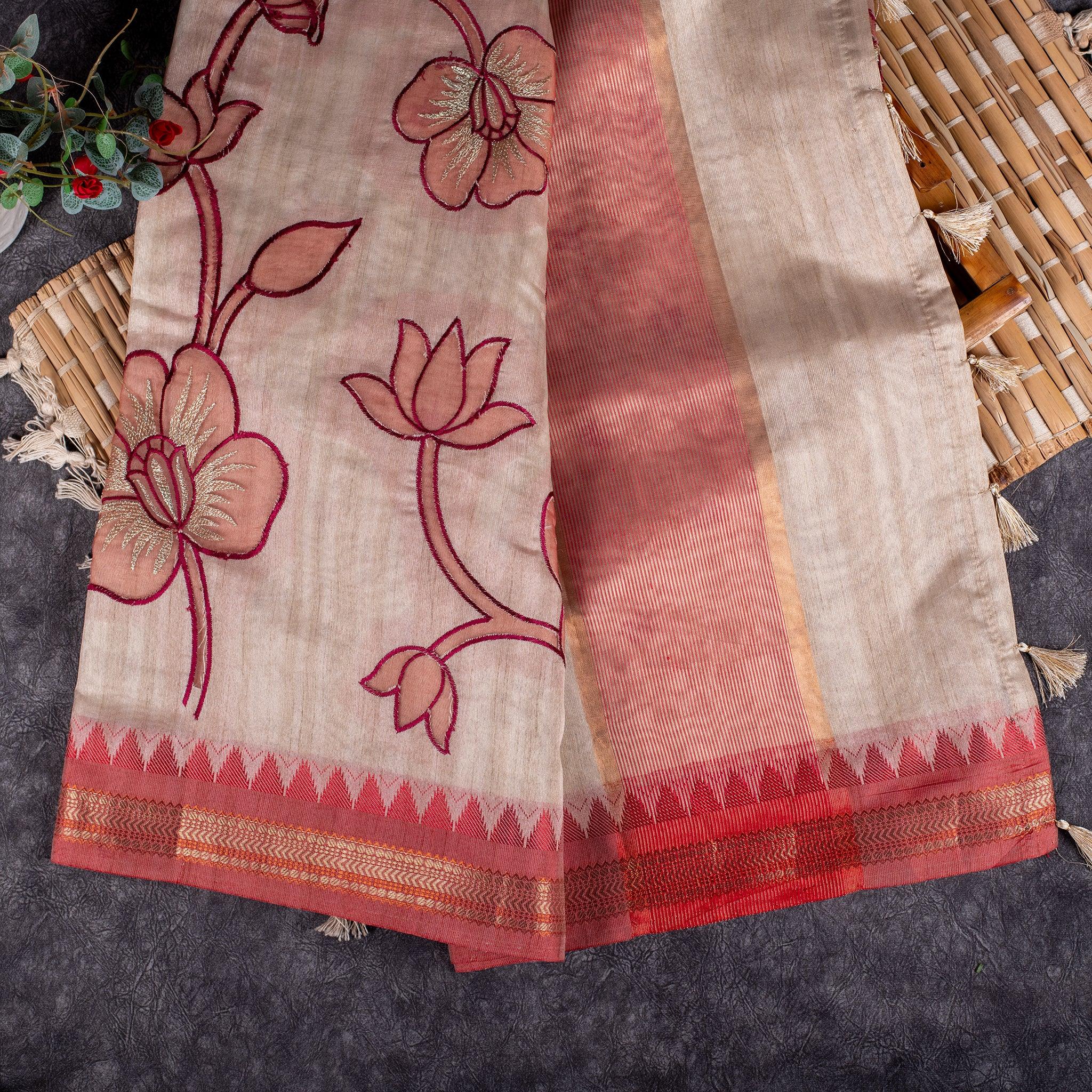 Semi Tussar Silk Saree – Vidarbha Style with Applique Work - Kleem Boutique