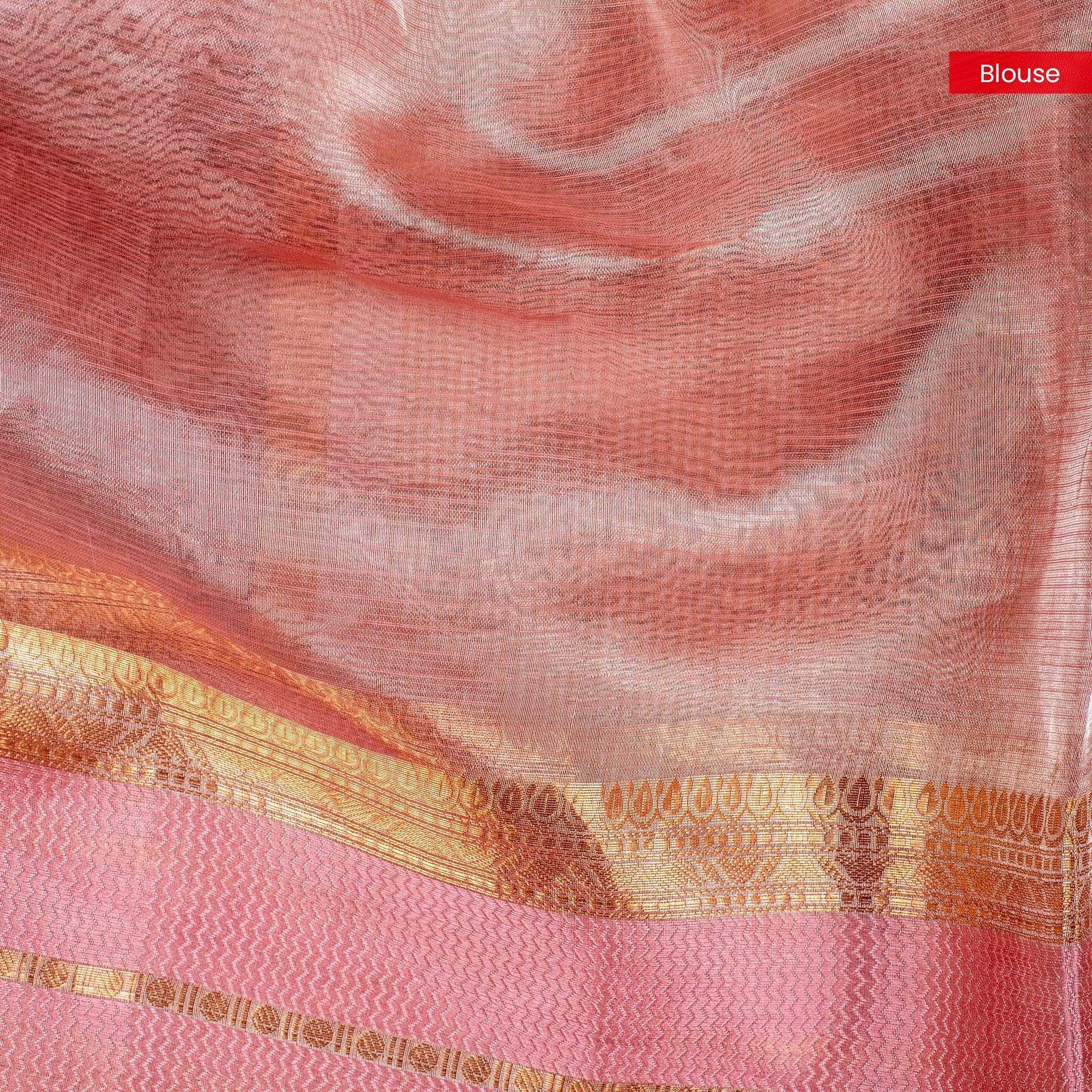 Pure Handloom Blush Pink Tissue Organza Saree – Peacock Appliqué - Kleem Boutique