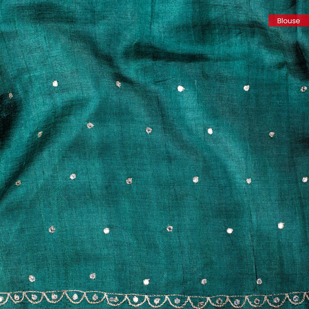 Pure Handloom Tussar Silk Saree with Abstract Digital Pallu & Contrast Green Blouse – Multicolour - Kleem Boutique