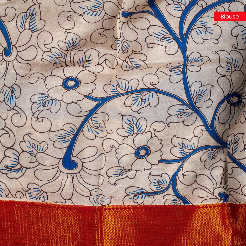 Pure Handloom Nizam Border Silk Saree with Kalamkari Print - Off-White - Kleem Boutique