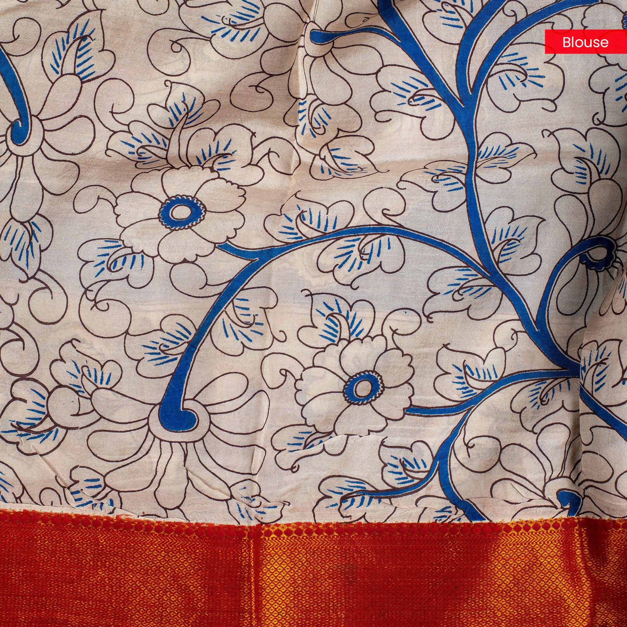 Pure Handloom Nizam Border Silk Saree with Kalamkari Print - Off-White - Kleem Boutique