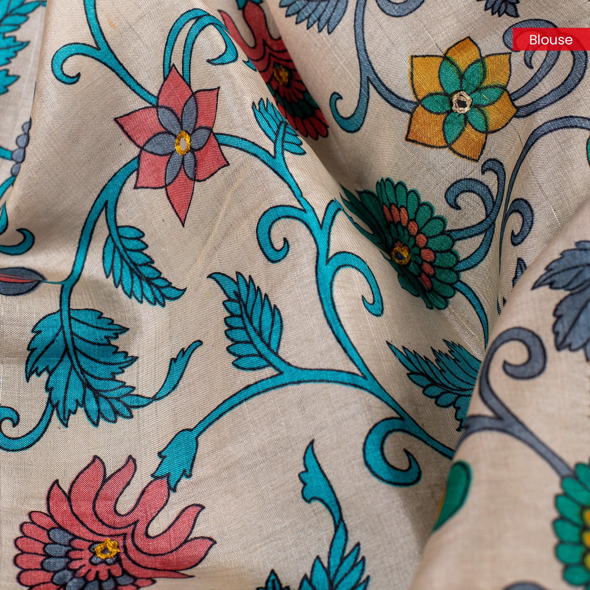Pure Handloom Tussar Silk Grey Saree with Leheriya Pattern & Kalamkari Cutwork - Kleem Boutique