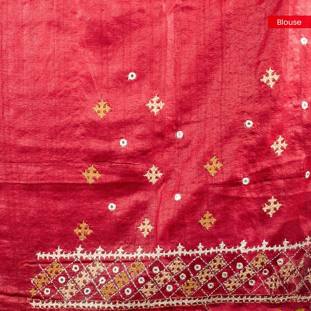 Pure Handloom Tussar Silk Deep Maroon Saree with Kutch Work & Mirror Embroidery - Kleem Boutique