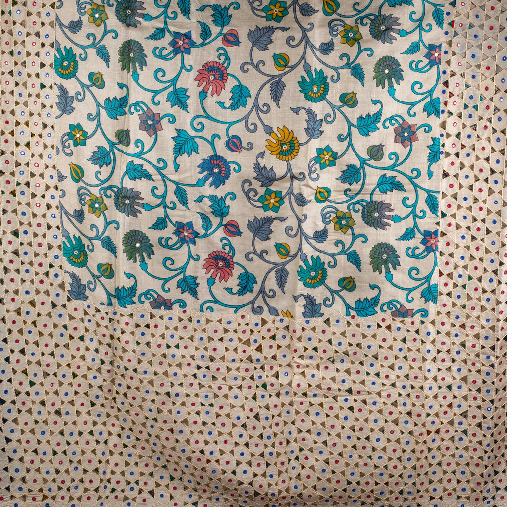 Pure Handloom Tussar Silk Blue & Off-White Saree with Vertical Pattern & Mirror Work - Kleem Boutique