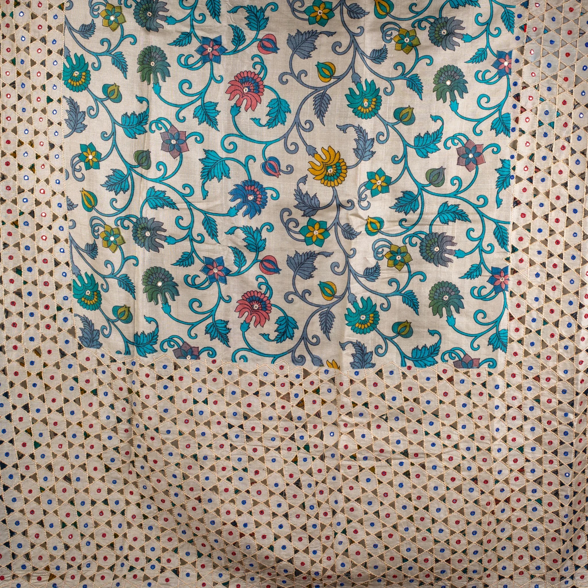 Pure Handloom Tussar Silk Blue & Off-White Saree with Vertical Pattern & Mirror Work - Kleem Boutique