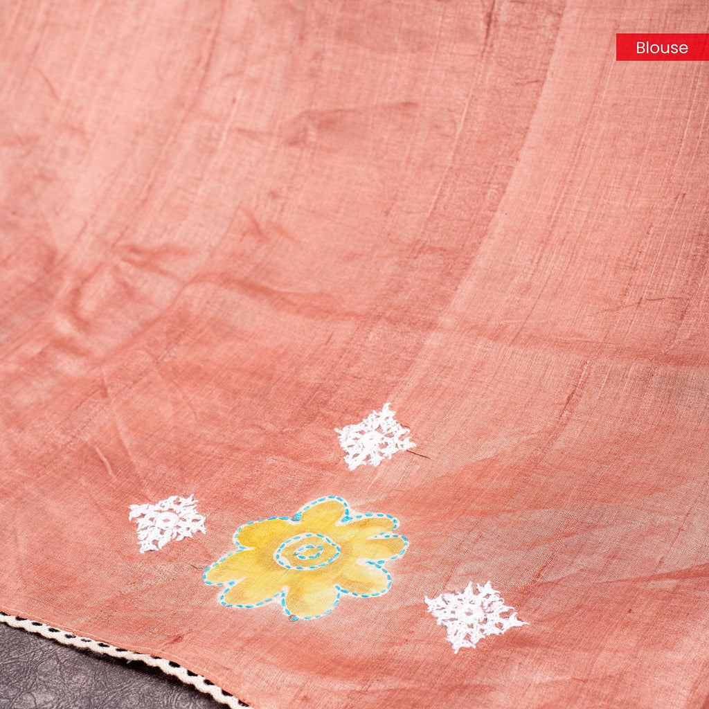 Pure Handloom Tussar Silk Multicolour Saree with Floral Digital Print, Kantha & Kutch Work - Kleem Boutique