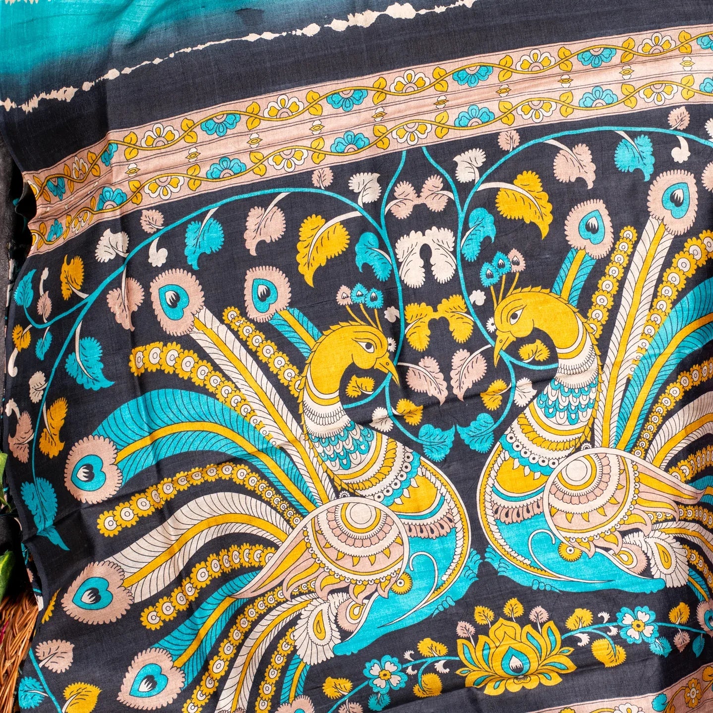 Pure Handloom Tussar Silk Saree with Vibrant Sequence Prints & Kalamkari Pallu - Kleem Boutique